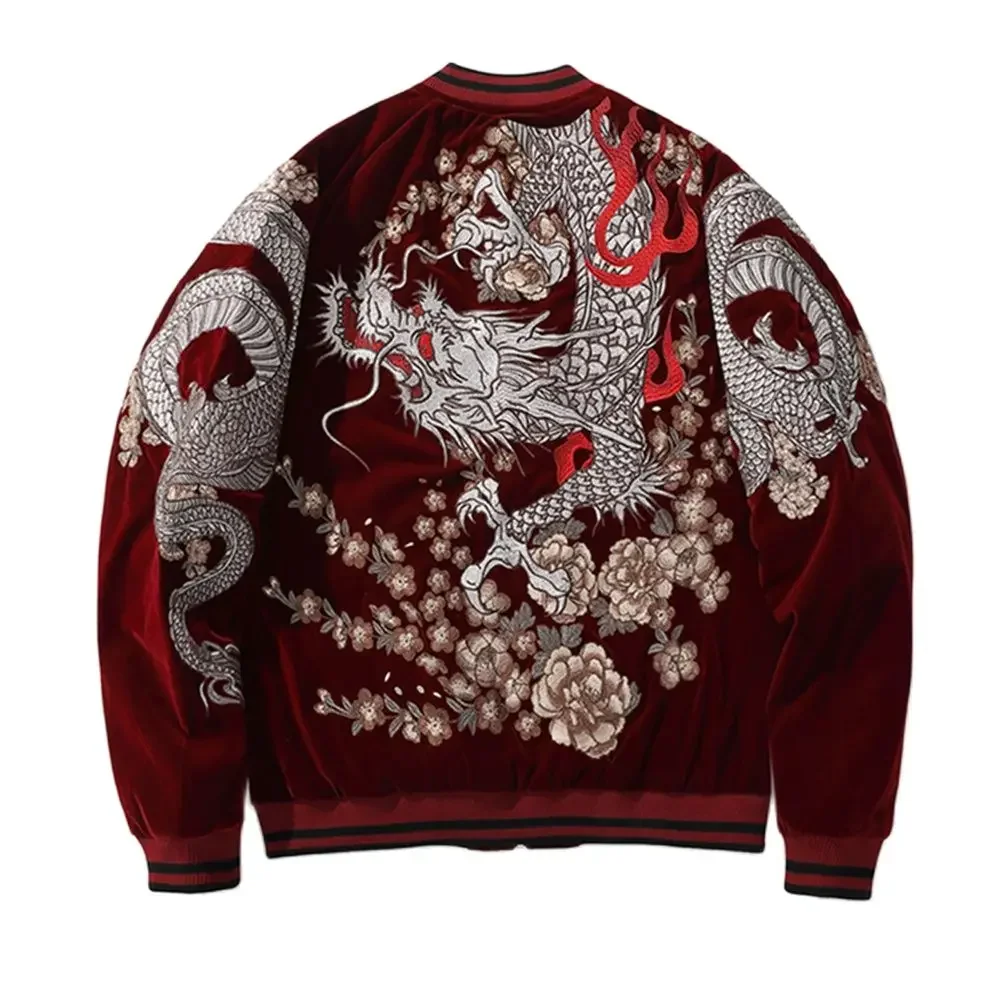 High Street Men Boys Sukajan Souvenir Jacket Dragon Embroidered Loose Coats WineRed Black Streetwear Fashion Hip Hop