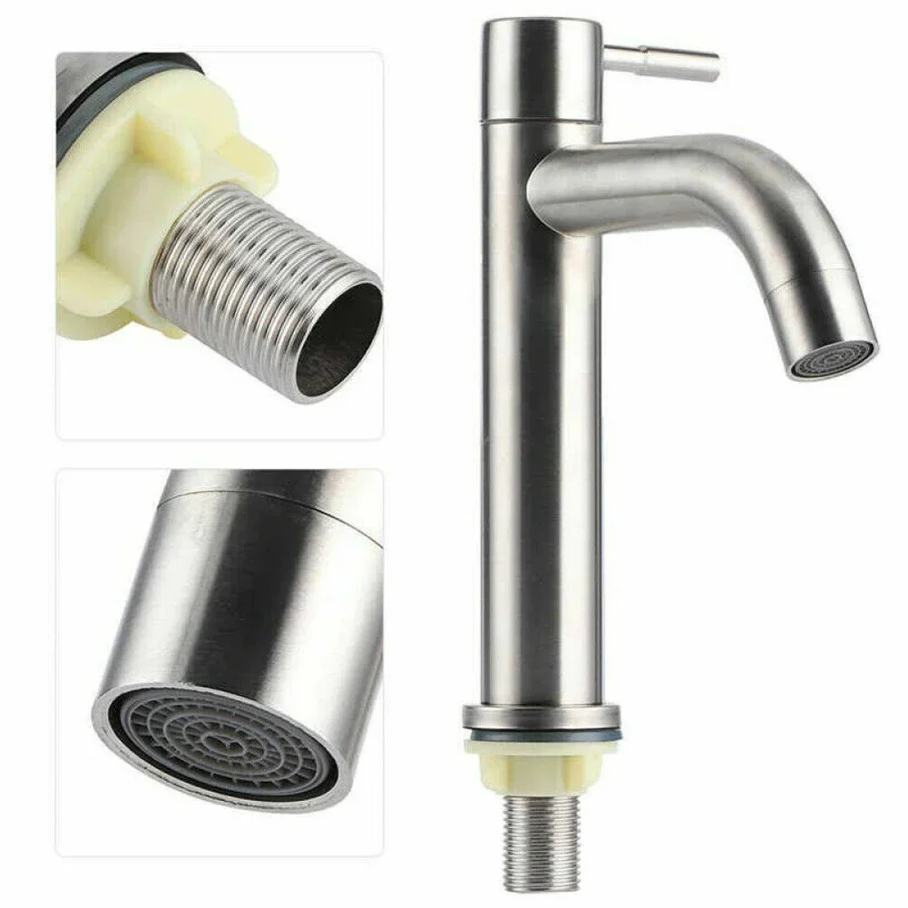 Grifos de lavabo de cocina, grifo de fregadero de Solo Frío plateado de acero inoxidable, conector G1/2 de un solo orificio, grifo de lavabo de encimera de baño