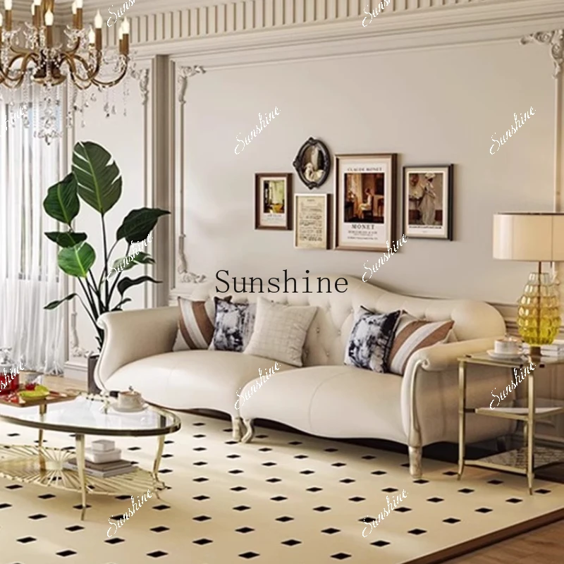 American light luxury living room leather sofa first layer cowhide solid wood sofa combination  FT