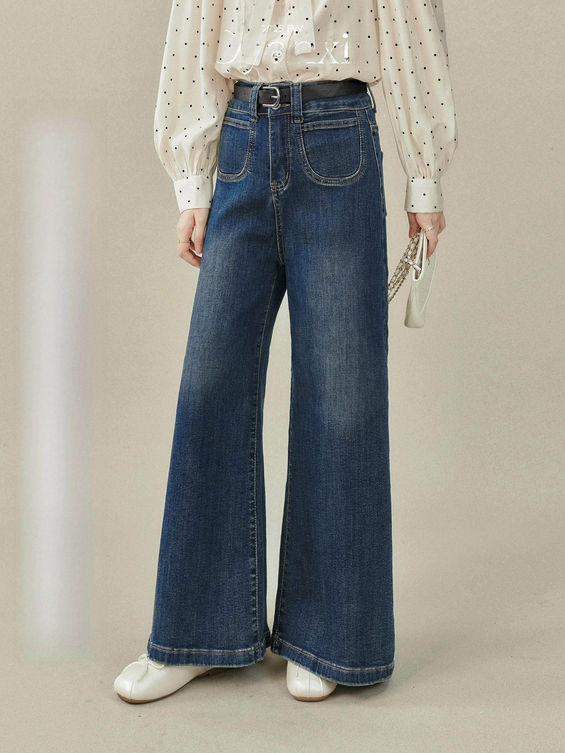 

Синие джинсы с высокой талией и широкими штанинами, женские свободные драпированные брюки длиной до пола, ретро-брюки на молнии, осенний сезон, женские джинсы