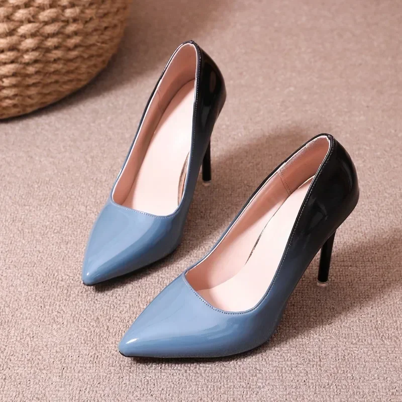 Fashion Gradient High Heels for Women's 10cm Sexy Fine Heel Pumps Party Plus Size 43 Pointed Toe Wed Shoes Patent Leather Dress