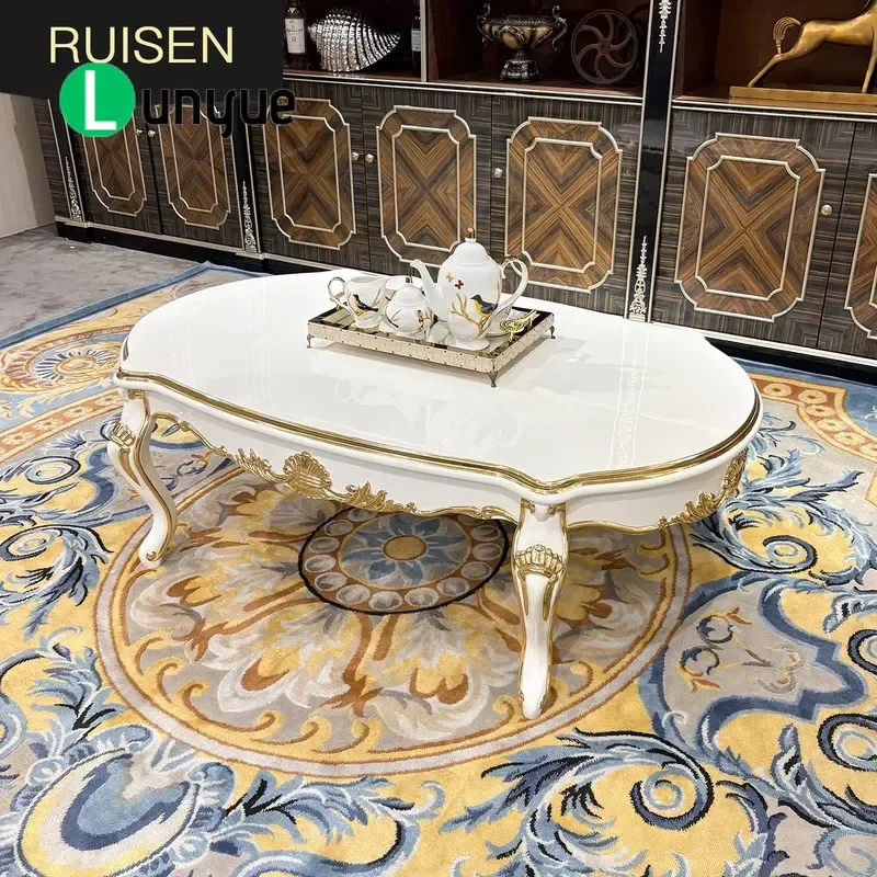 French Solid Wood Oval Coffee Table European Luxury Carved Large Dining Table for Villa Living Room Elegant Home Furniture