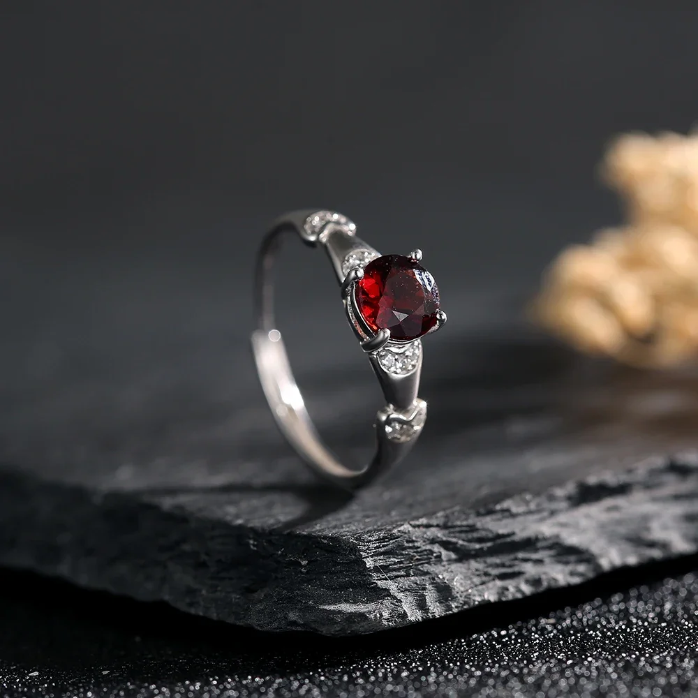 6mm Natural Garnet Sterling 925 Silver Ring Adjustable Bands January Birthstone Statement Jewelry Wedding Promise Gift