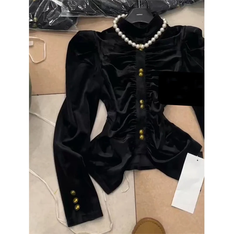 MEXZT Vintage Black Velvet Shirts Women Elegant Cropped Folds Blouses Office Ladies Korean Puff Long Sleeve Pleated Chic Tops