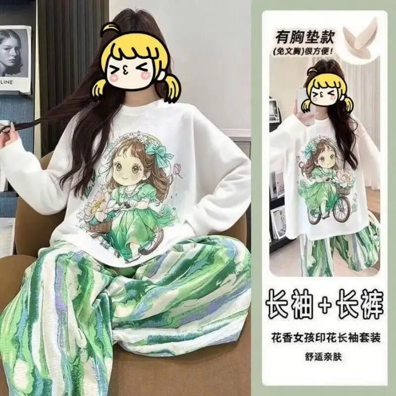 

New Women Long Sleeved Spring Autumn Internet Celebrity Fashion Comfort Sweet Cute Pajamas Sleepwear Home Clothes Two-Piece Set