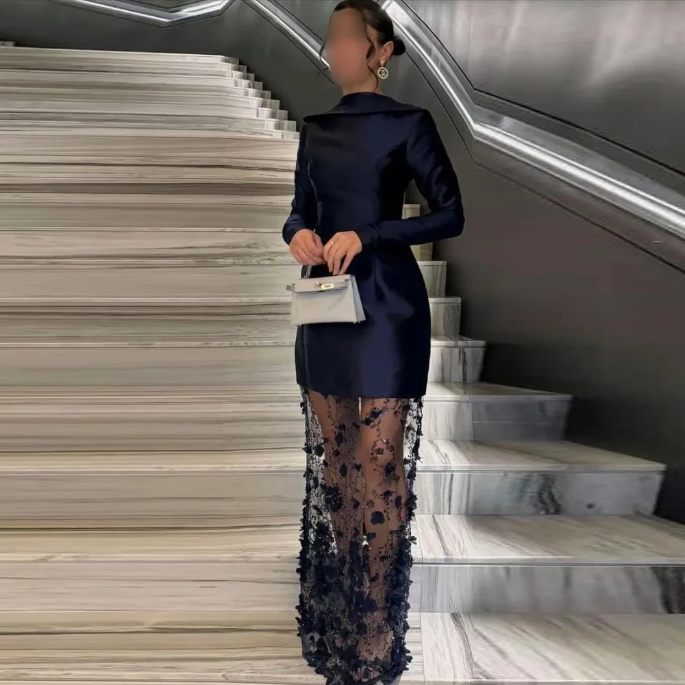 

Straight Navy Blue Satin Evening Dress Customized Exquisite Sequined Dubai Prom Dress Simple Long Sleeves Party Occasion Gowns