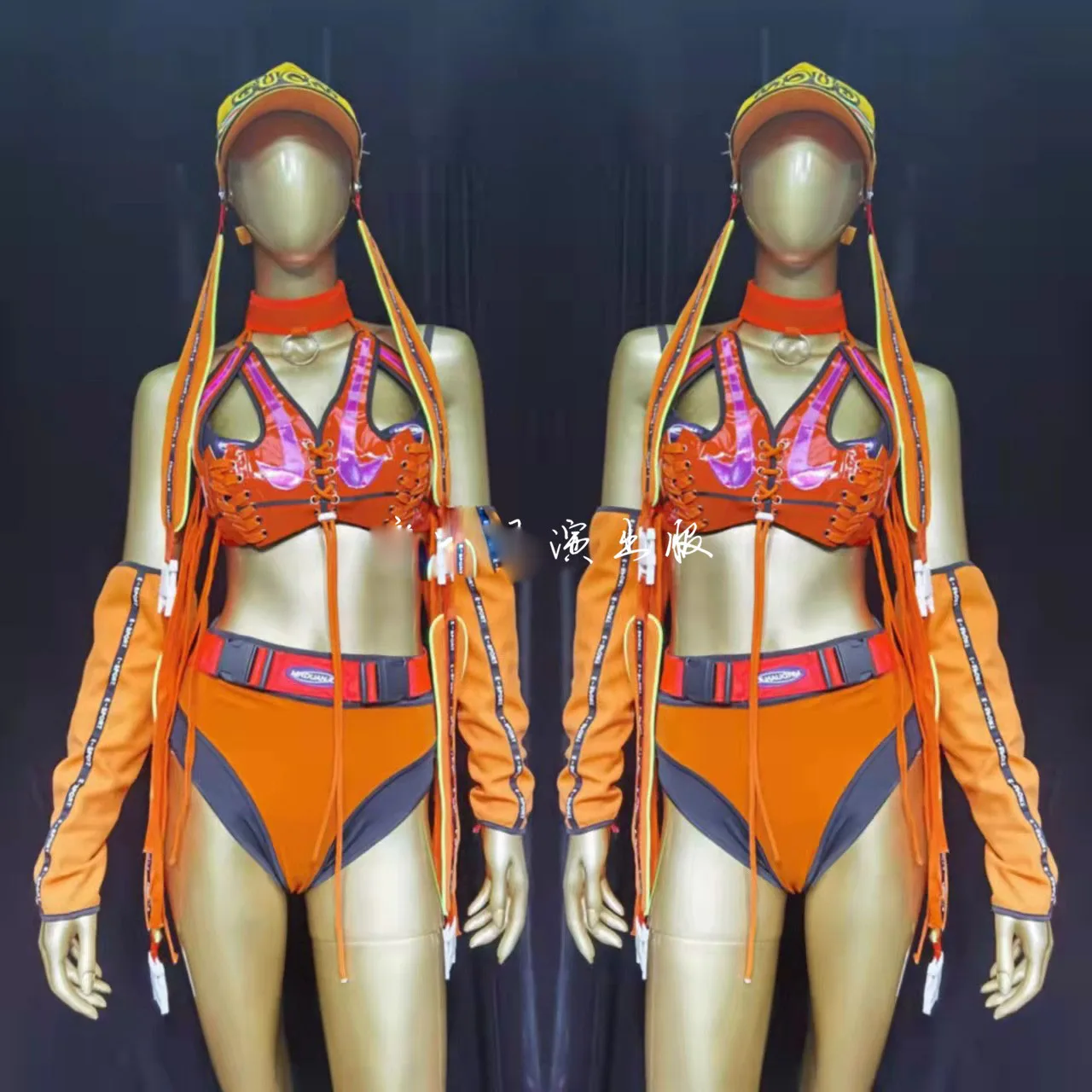 Orange Hip-hop straps stitching patent leather short jersey vest gogo stage costume full set women club dance costume