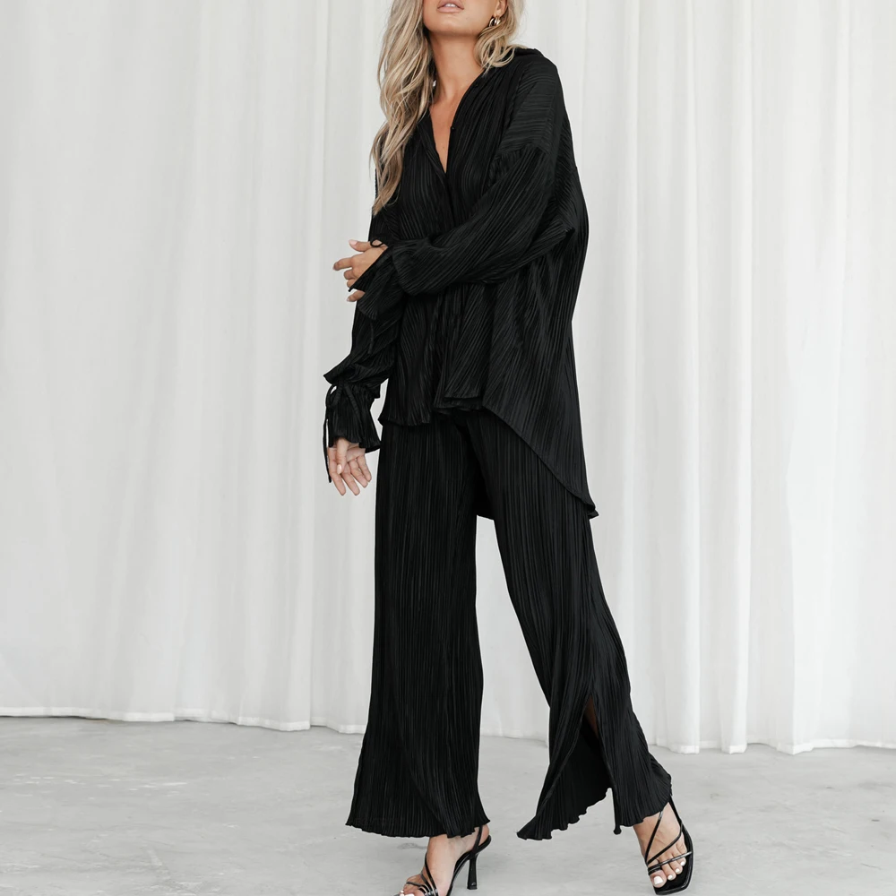 

European and American fashion pleated shirt long sleeved lapel cardigan split pajama two-piece set
