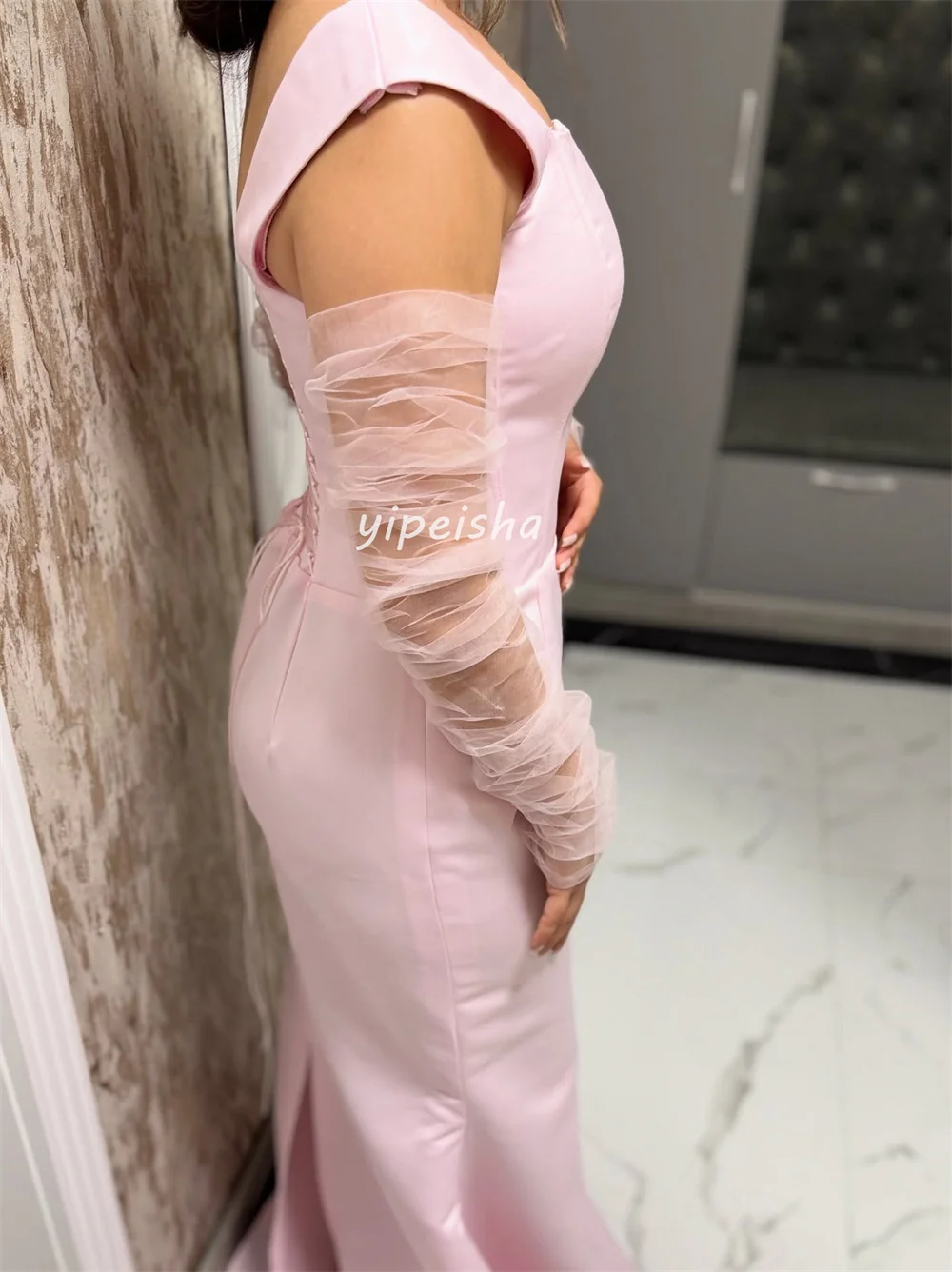 Maßgeschneiderte, passende, sexy Jersey-Falten-Meerjungfrau-Kleider, schulterfrei, lange Kleider, maßgeschneiderte Anlasskleider, Größen erhältlich, klassisch