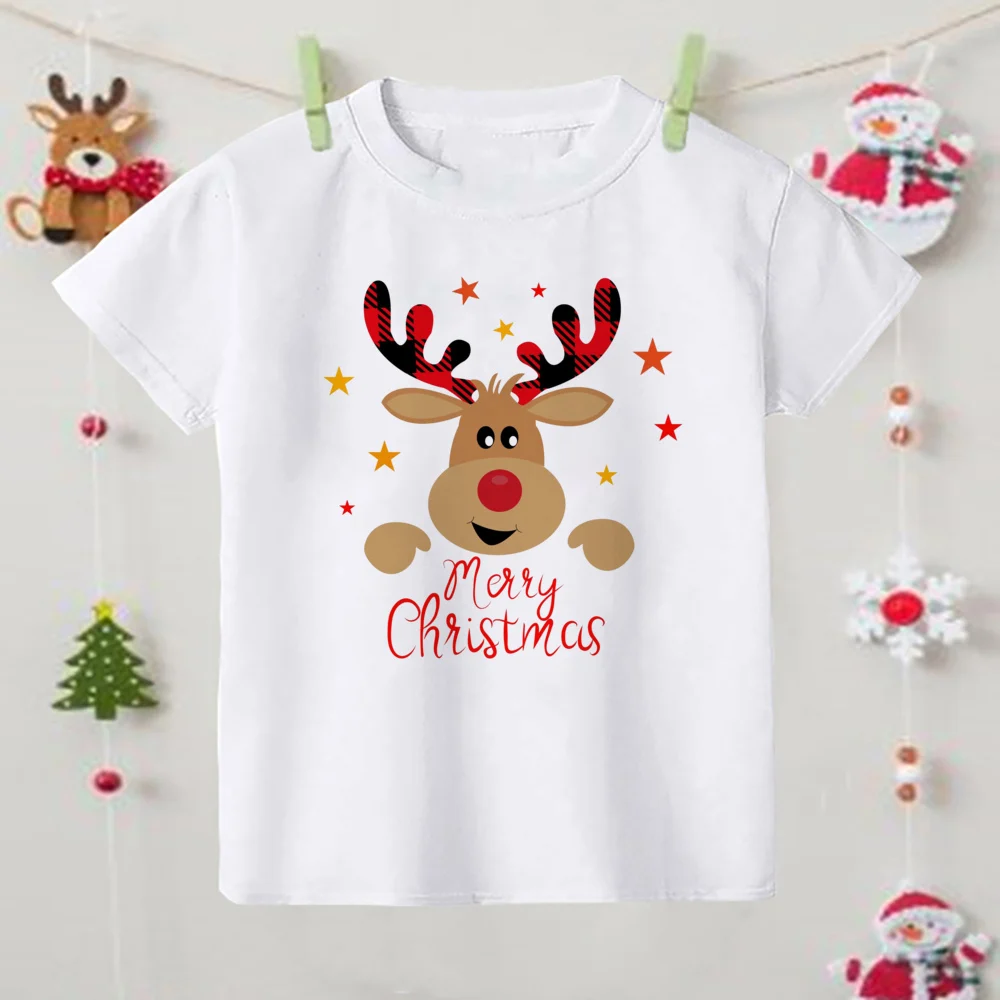 Merry Christmas Deer Printed T Shirt Kid Christmas T-shirt Child Clothes Tops Boy Girl Xmas Party Outfit Children Holiday Gifts