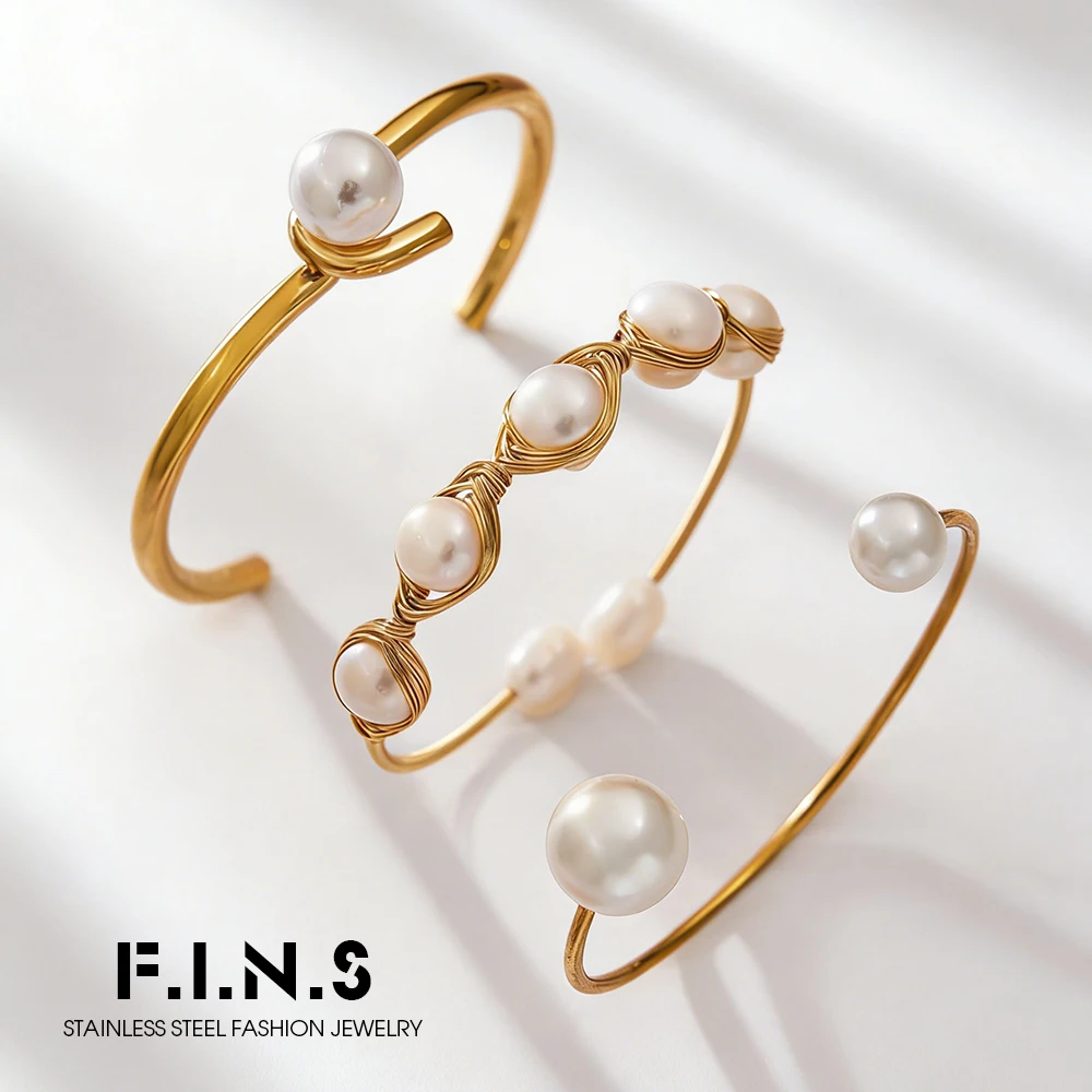 F.I.N.S Original Design Handmade DIY Stainless Steel Bangles Baroque Freshwater Pearl Soft Wire Stackable Bracelet for Women