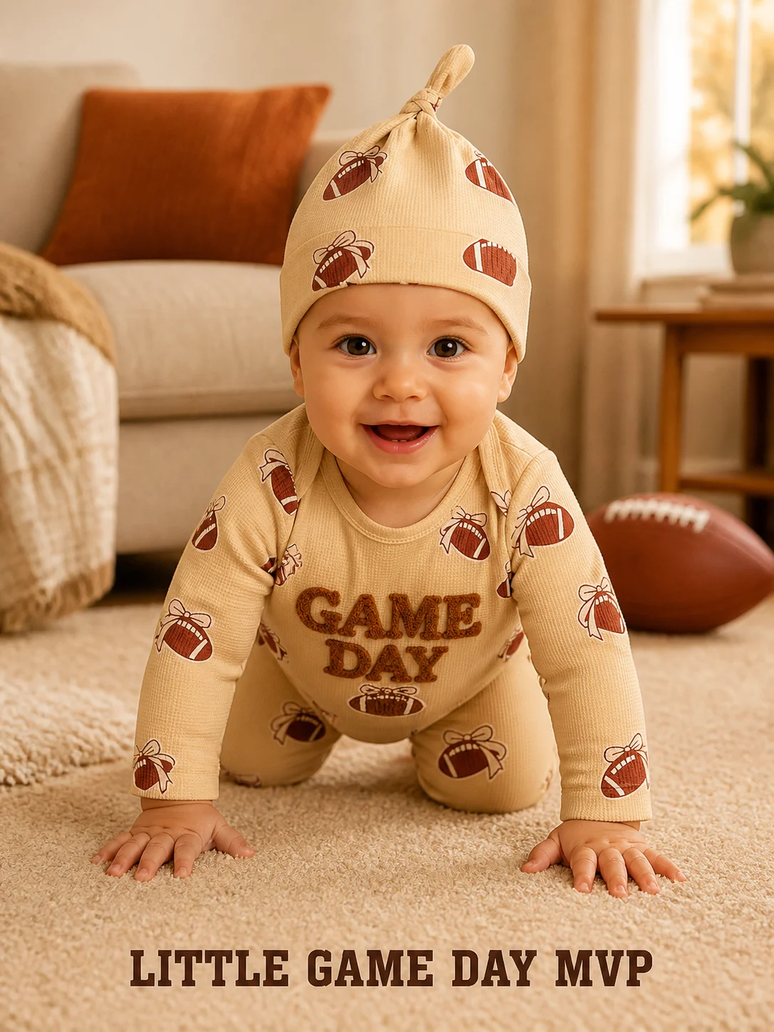 Baby Girl Game Day Football Waffle Knit Romper 2Pcs Set Chenille Embroidery Long Sleeve Jumpsuit with Knotted Hat