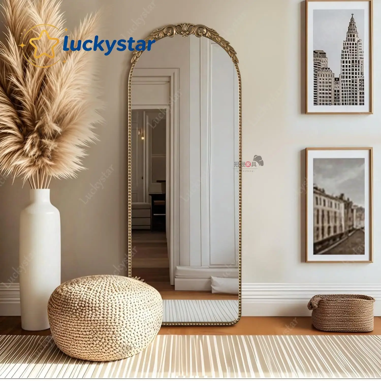 European light luxury full-body mirror household floor arch, bedroom cloakroom