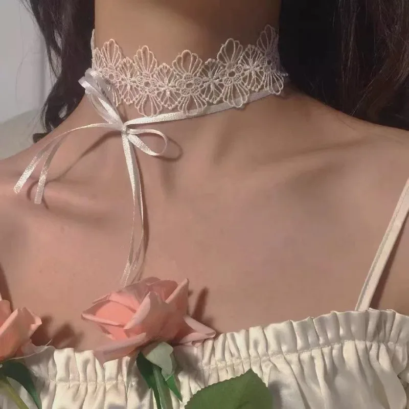 White Black Lace Ribbon Tie Choker Necklace for Women Sweet Korean Elegant Short Collarbone Chain Necklace Neck Accessories