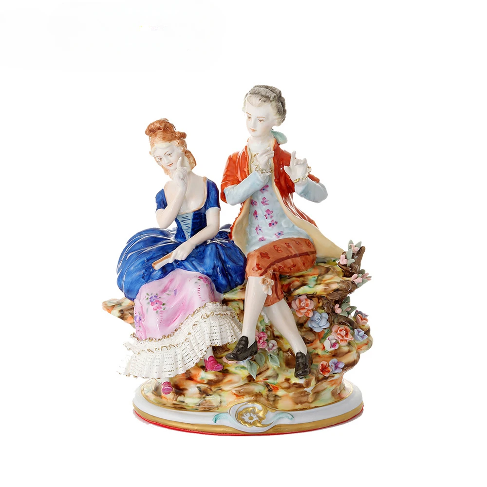 18th Century French Baroque Handmade Antique Porcelain Lovers Show Love Statue Sculpture Kneel and Send Flowers.