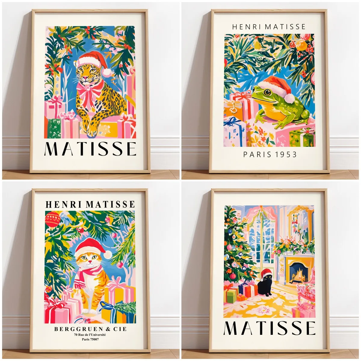 Matisse Christmas Cat Print: Grey Tabby in Santa Hat, Black Cat  Ribbit Christmas Decor Funny Festive Christmas Wall Art