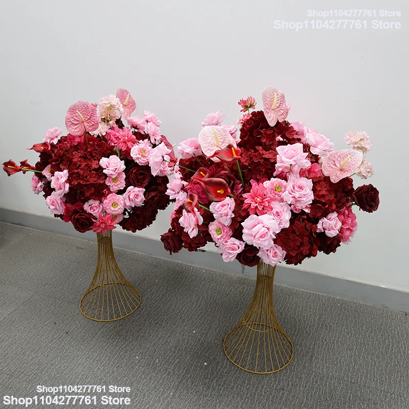 Künstliche burgunderrote rosa Rose 5D Hochzeitstisch-Mittelstück Blumenball Seidenhortensie Anthurie Blumenstrauß Event-Party-Dekoration – Detail 3