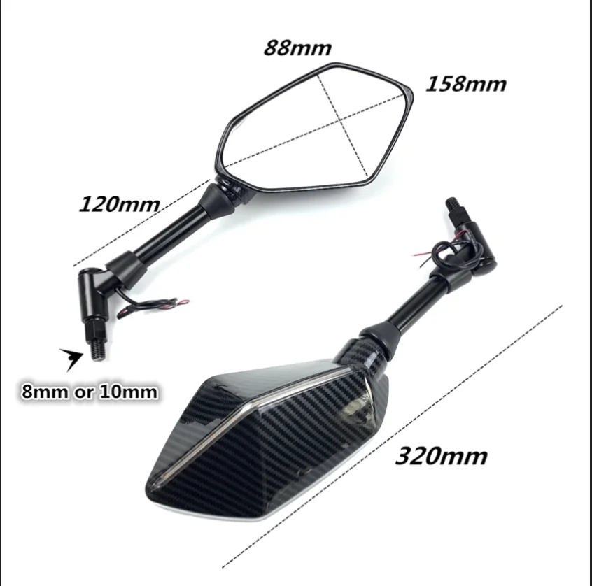 2Pcs/Pair Universal Motorcycle Rear Side Rearview Mirrors10mm/8mm with LED Light For Honda Suzuki Kawasaki Ducati Yamaha