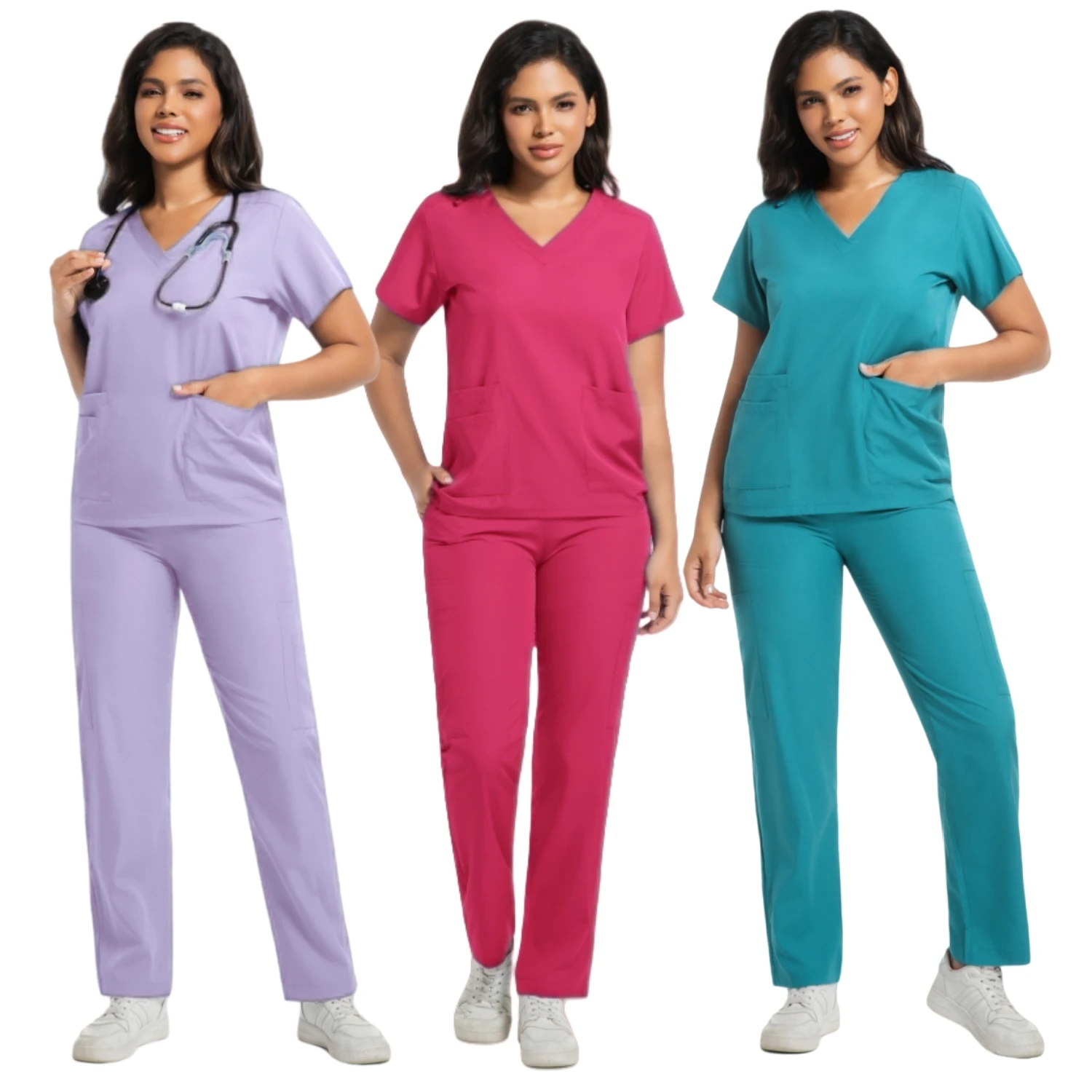 도매 간호 패션 V 넥 탑 바지 세트 병원 의료 스크럽 수술복 여성 멀티 컬러 스트레이트 세트 스크럽
