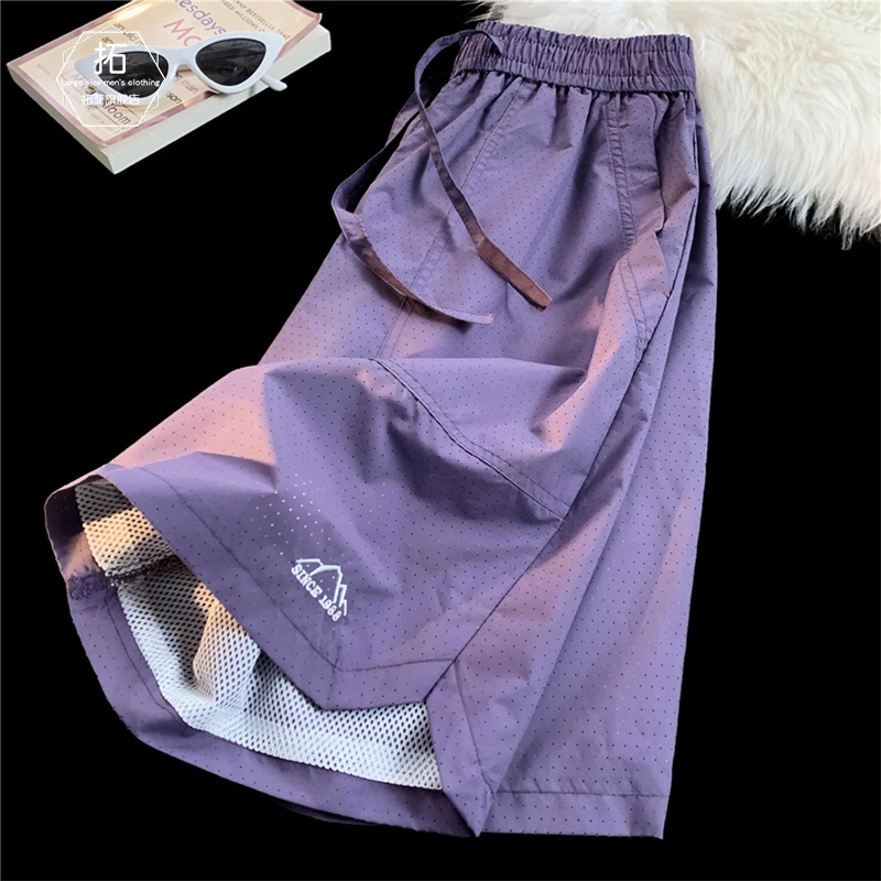 

Men's Summer New Breathable Cool Hole Punching Five-Quarter Casual Beach Pants Embroidered Trendy Sport orts Loose Fit