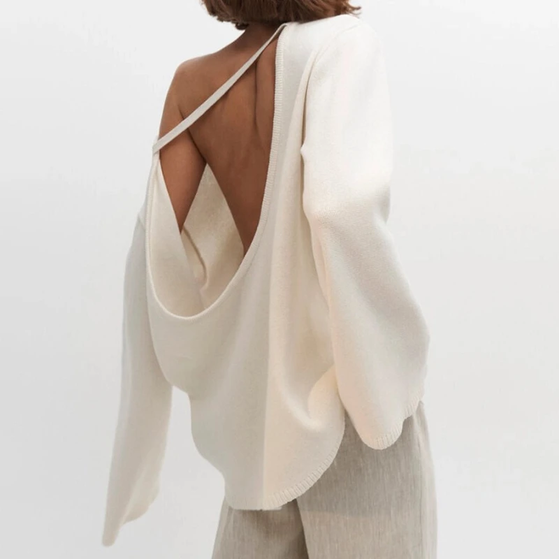 DemoRave Gestrickte Backless Pullover Frauen Sexy Elegante Lose Langarm Pullover Herbst Ästhetischen Casual Solide Strickwaren Weibliche