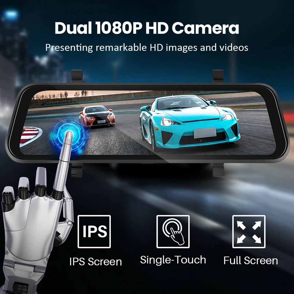 Podofo Car Video Recorder retrovisore 9.66 pollici Ultra HD Mirror Camera Wireless Carplay specchio per fotocamera anteriore e posteriore DVR Black