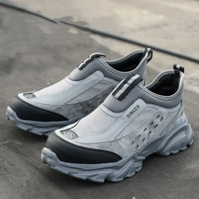 men's fashion breathable steel toe covers work safety shoes summer security boots grey slip-on worker safe sneakers man footwear
