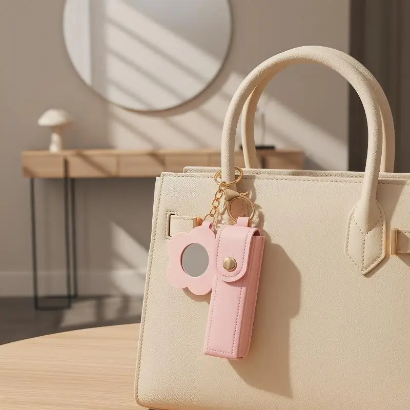 Portable Pu Leather Lipstick Holder Keychain With Flower-Shaped Mirror For Women Girls Handbag Charms Accessory Creative Gift