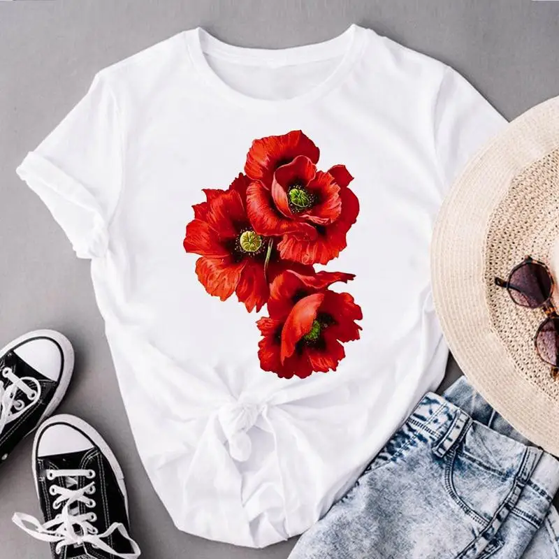 Women Flower 90s Lovely Cute Clothes Print Tops Fashion Lady Short Sleeve Tees Female Regular Summer Tshirt Graphic T-Shirt