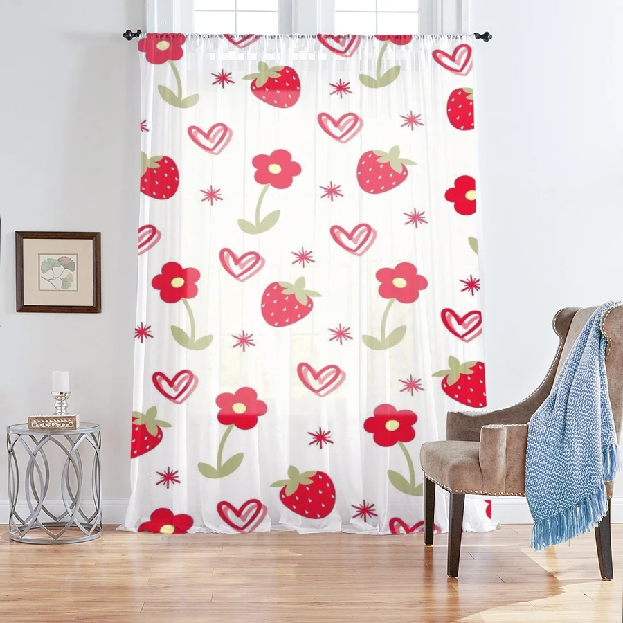 1PC Red Strawberry Heart Flower Sheer Curtain Cute Romantic Window Drape Light Filtering for Bedroom Living Room Home Decor