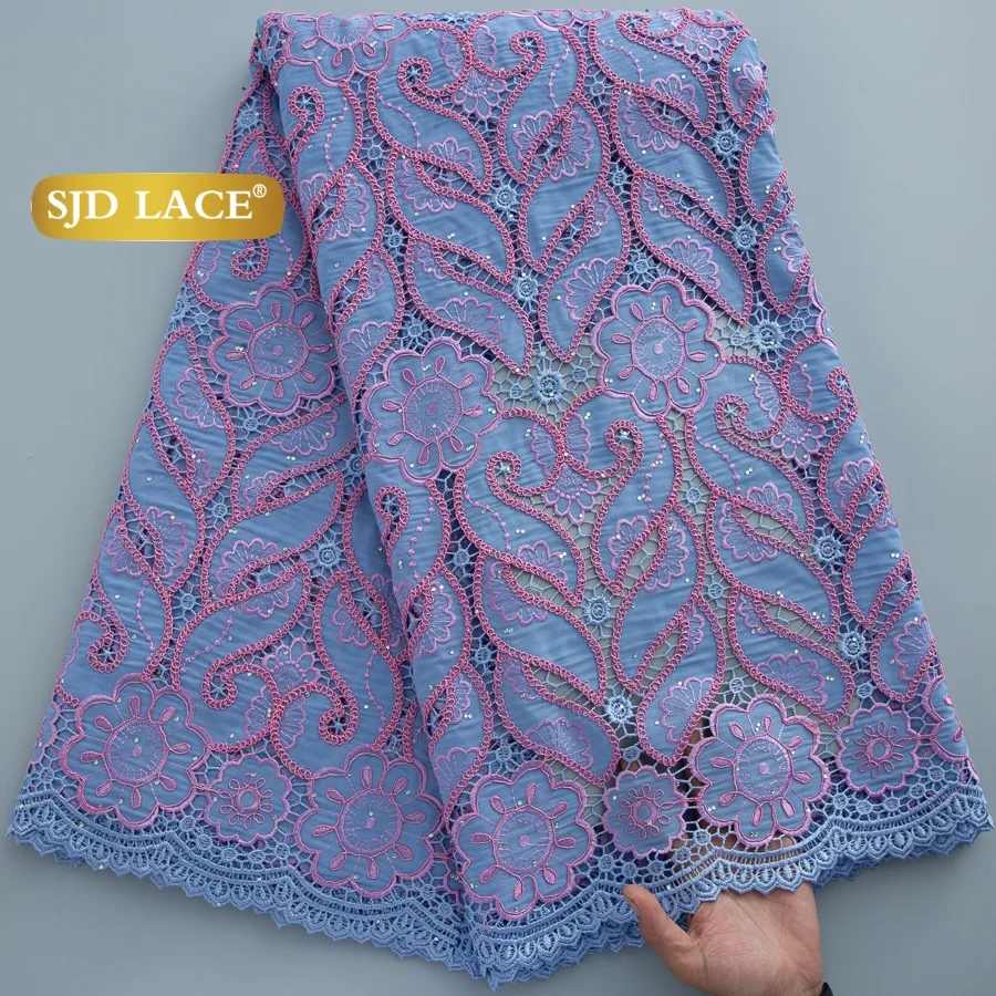 SJD LACE Swiss Voile Embroidery Lace Fabric 2026 African Nigerian Cotton Lace with Rhinestones For Women Evening Party Dress4864