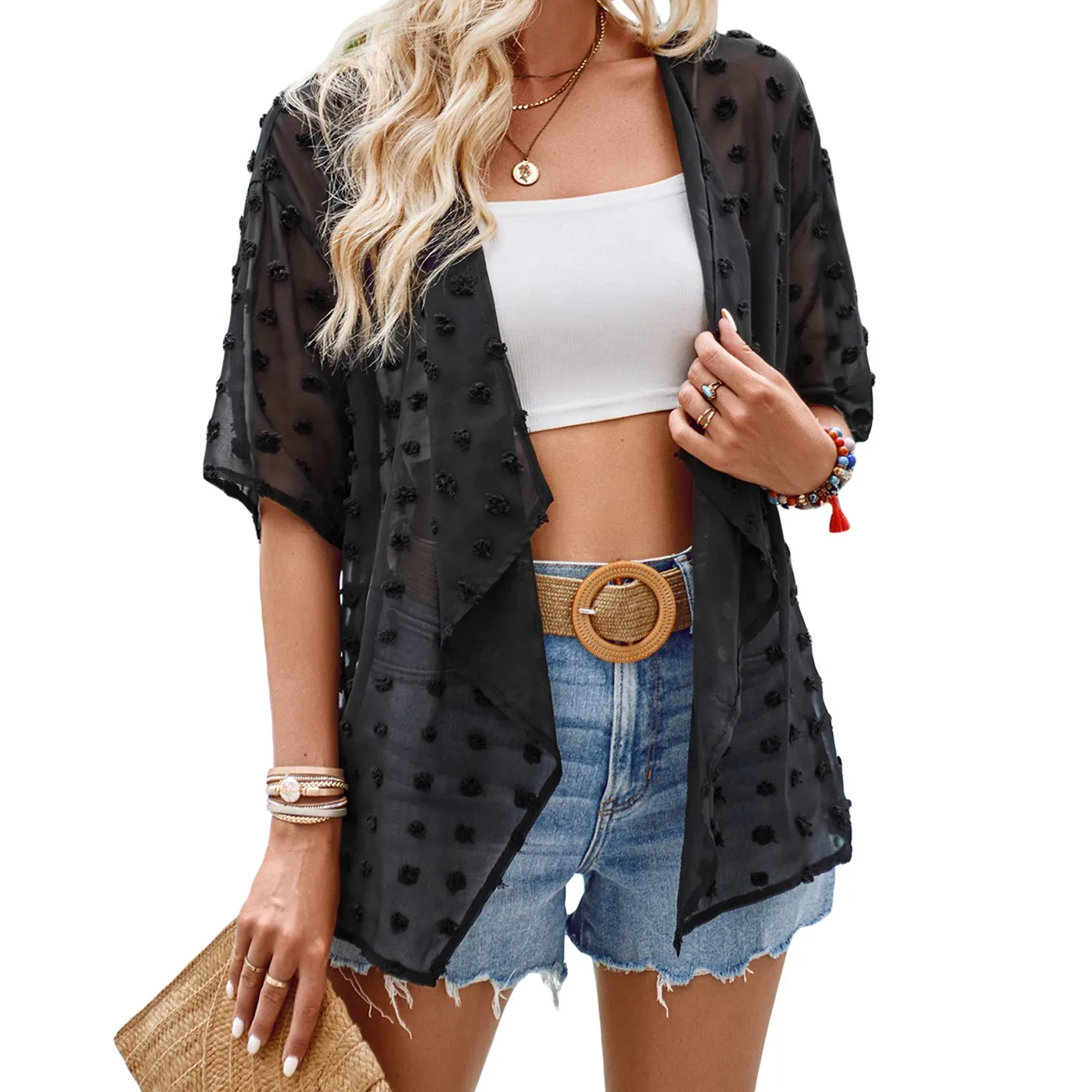 Women Cardigan Short Sleeve Open Front Dots Sheer Jacket Summer Tops for Casual Daily