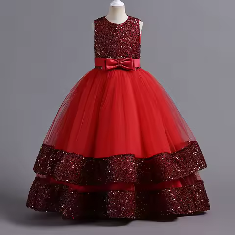 Luxury Children's Dress, Sequined Evening Gown Bow Princess Dress For Girl Piano Performance Ceremony Party Dress
