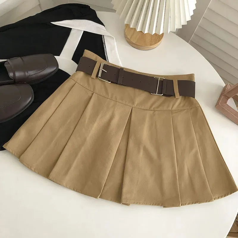 High Waist with Belt Pleated Skirts Women Y2K Summer Korean Streetwear Mini Skirt Female Solid Preppy All Match A Line Skirt New