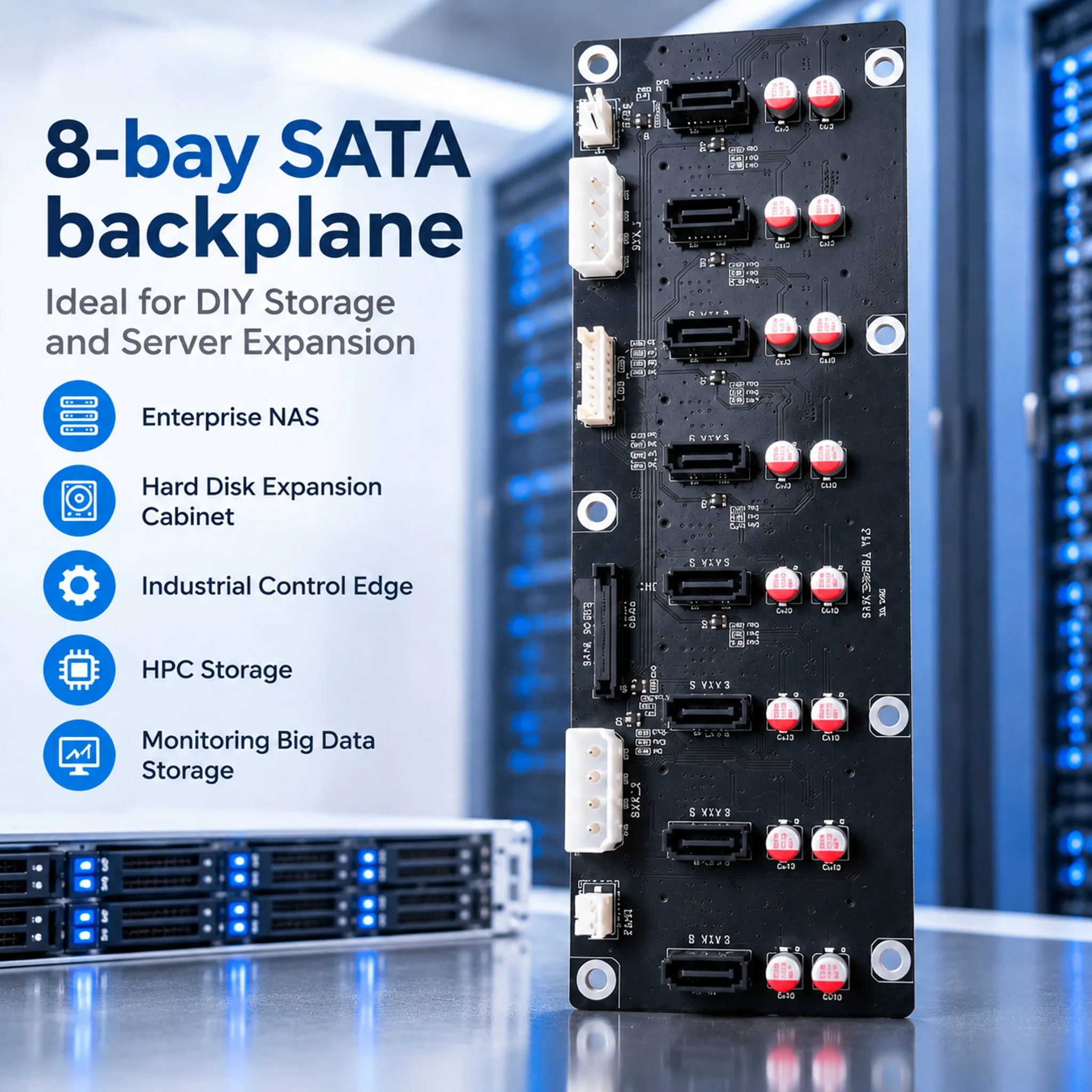 N3 JONSBO SATA Hard Drive Server Backplane 8 Port, HDD Server Backplane with Molex 4Pin Power & 3Pin Fan Header for NAS Storage