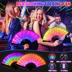Rave Folding LED Fan with Charging 366 Light Modes Festival Hand Fan Glow In The Dark Dance Party Bar Clubs Fluorescent Props