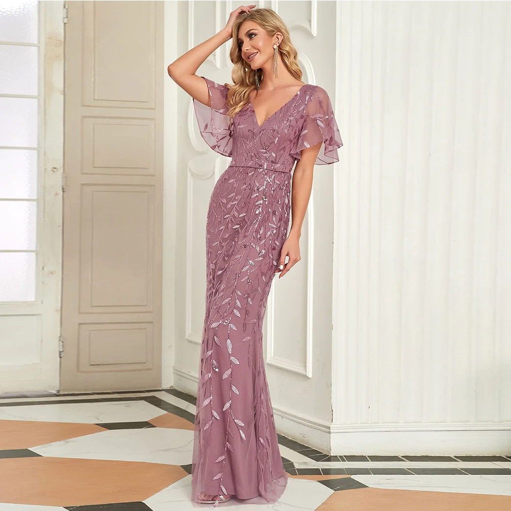 Customized Exquisite Mother of The Bride Dresses Women's Ruffles Sleeves Sequin Appliques Evening Mother of The Bride Dress