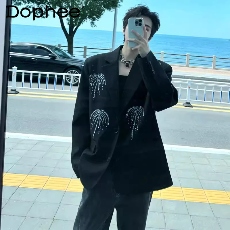 

Модные мужские пиджаки с декором из страз, весна 2026, новые свободные приталенные пальто, мужские куртки с подплечниками, длинный рукав, костюмные пиджаки