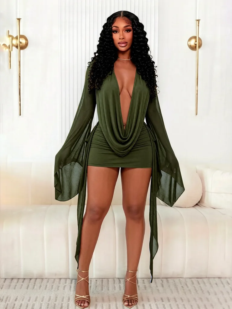 Robe mini sexy pour femme, manches évasées, découpes, robe moulante unie, plissée, décontractée, pour soirée, dos nu, streetwear, automne