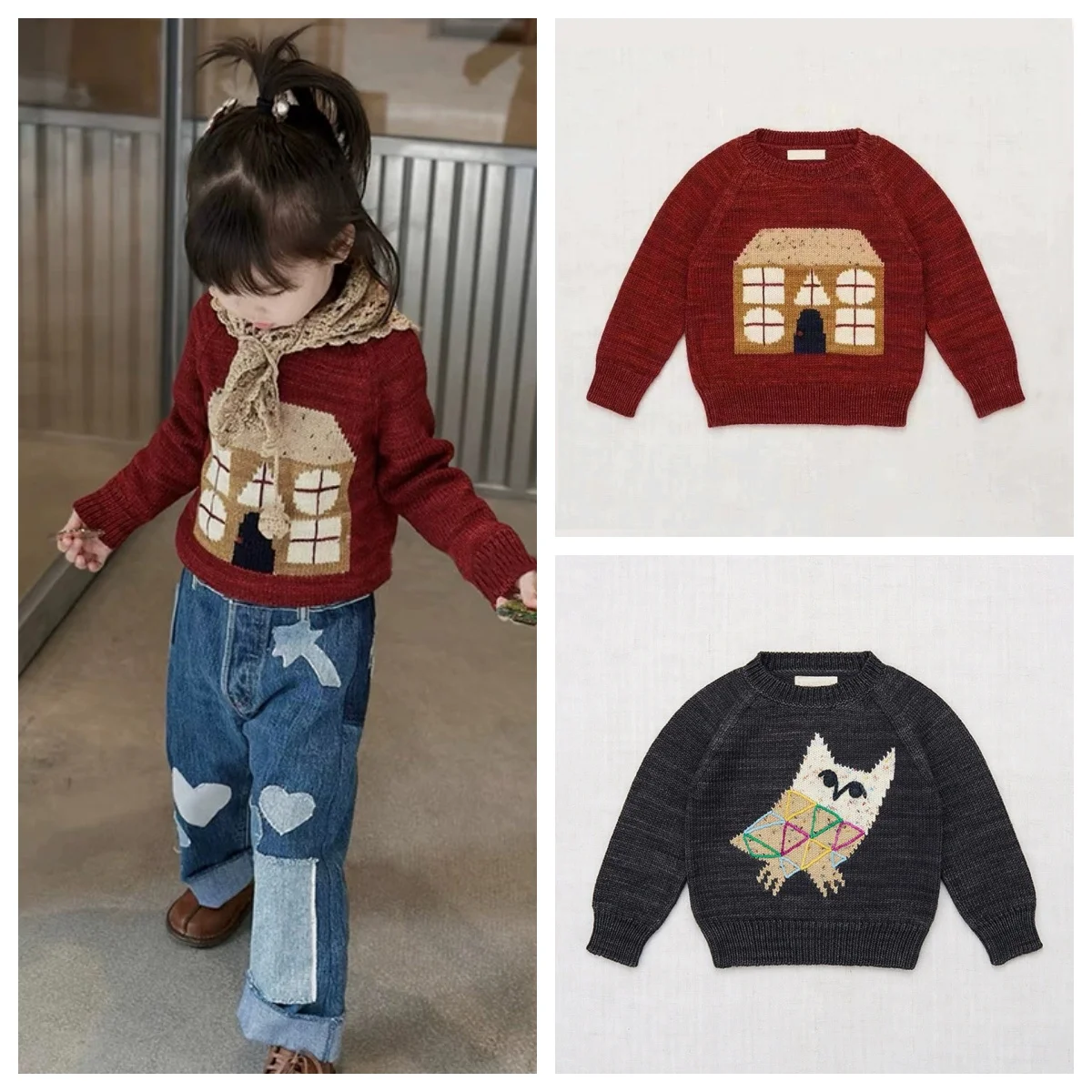 

Детский зимний новый вязаный свитер из хлопковой шерсти, свитер с рисунком дома, пуловер с длинными рукавами, свитер в европейском и американском стиле