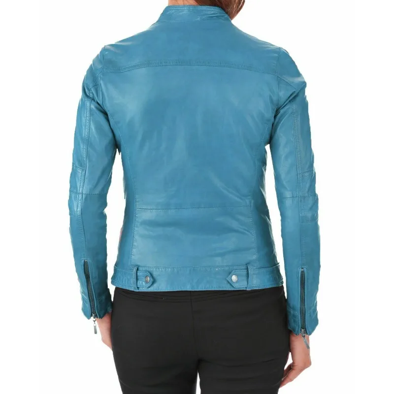 Women Leather Jacket 100% Lambskin Leather Biker Turquoise Blue Jacket European and American Fashion Trends