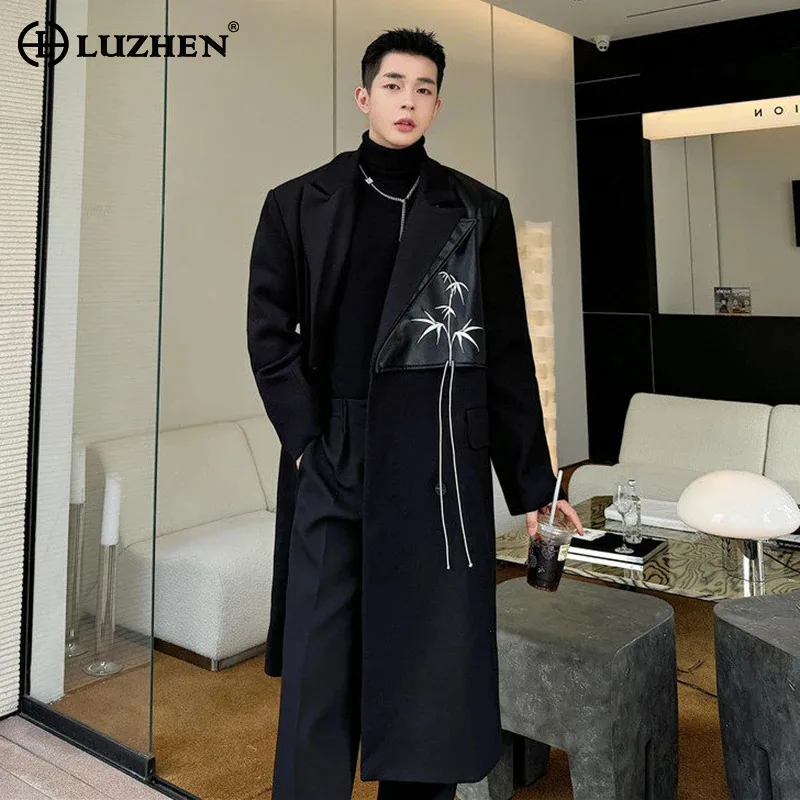 LUZHEN Woolen 2026 Winter Tassel Knee-length Decorate Patchwork Leather Windbreaker Coat Men Chinese Style Trench Clothes JY8287
