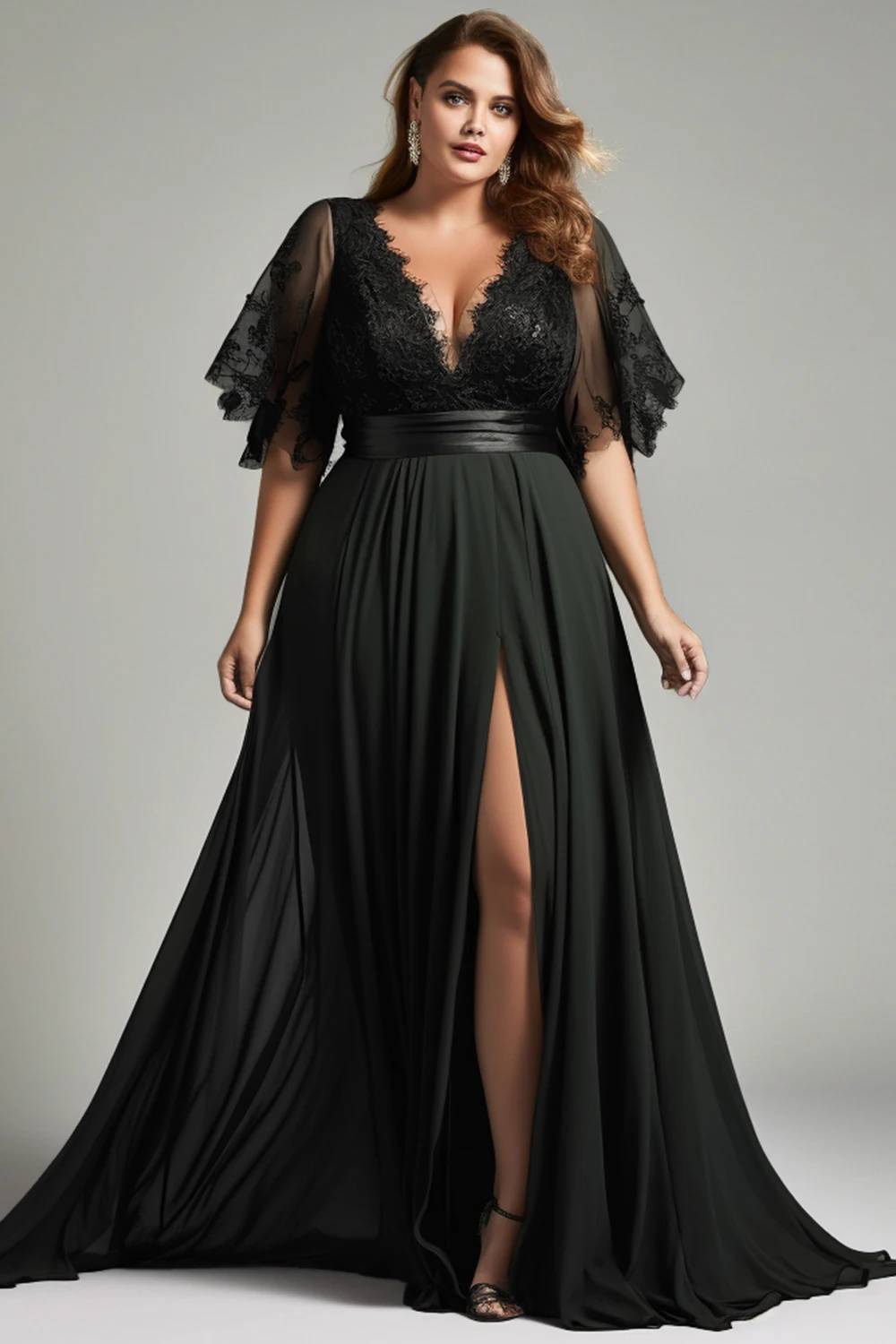 

Flycurvy Plus Size Wedding Guest Black Chiffon Lace Deep V Neck Split Flutter Sleeve Maxi Dress