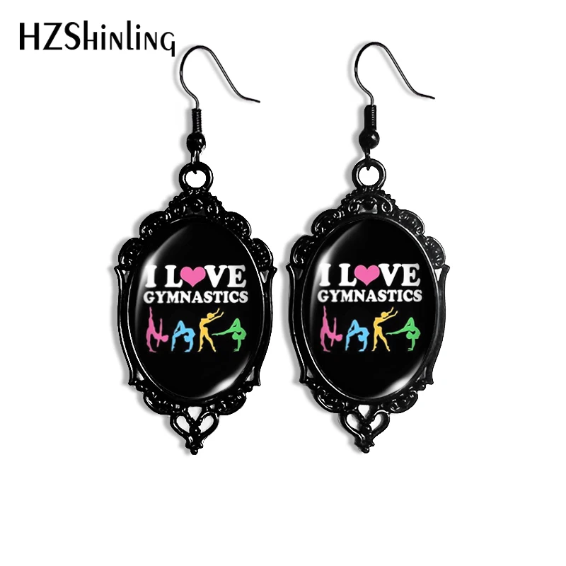 2024 New I Love Gymnastics Dangle Earring Black Lace Earrings Oval Glass Photo Jewelry Gifts Party