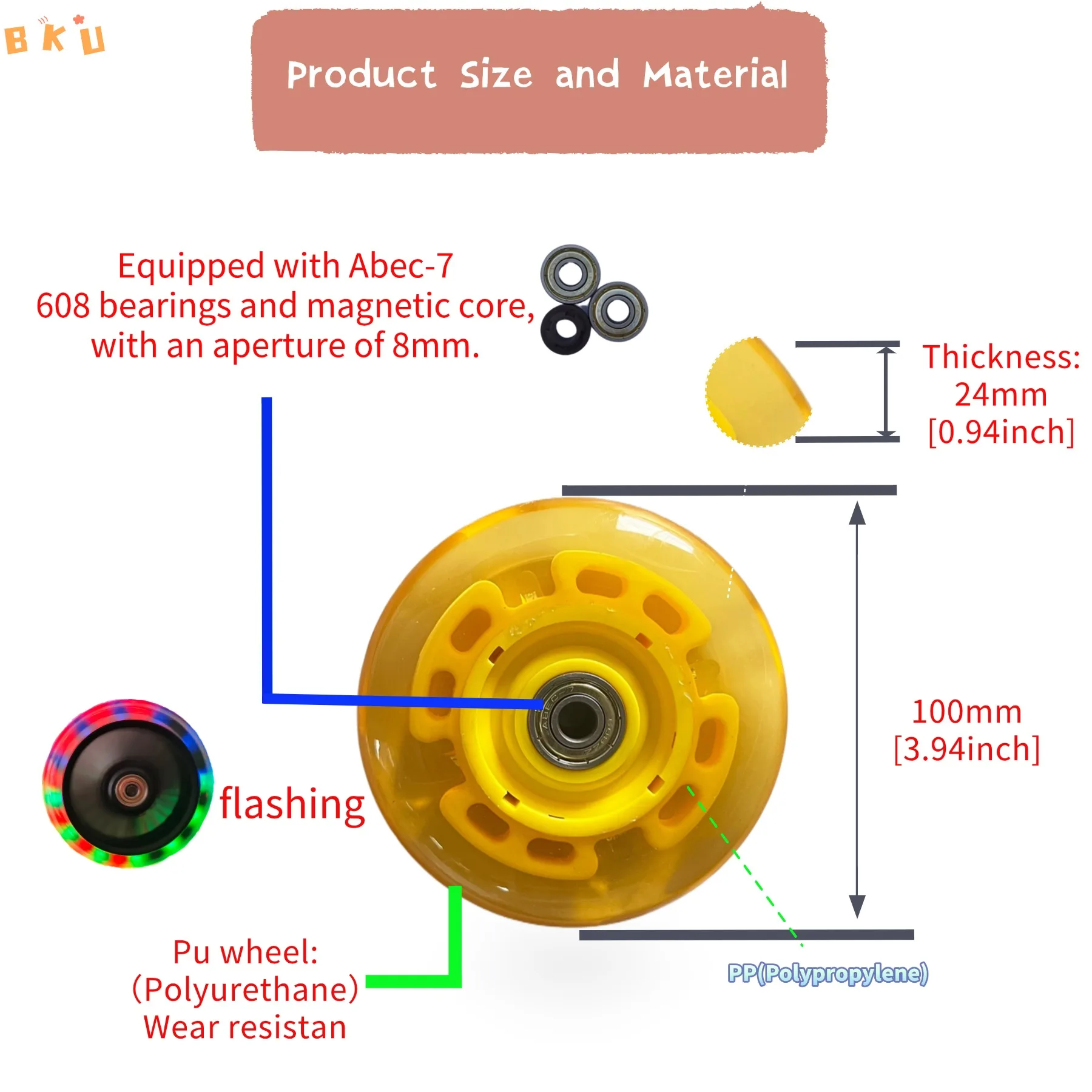 100mm (4-inch) Flash Roller Wheels - Mute, Durable Light-up PU Wheels, Suitable for Inline Skates and Scooters (2-Pack)