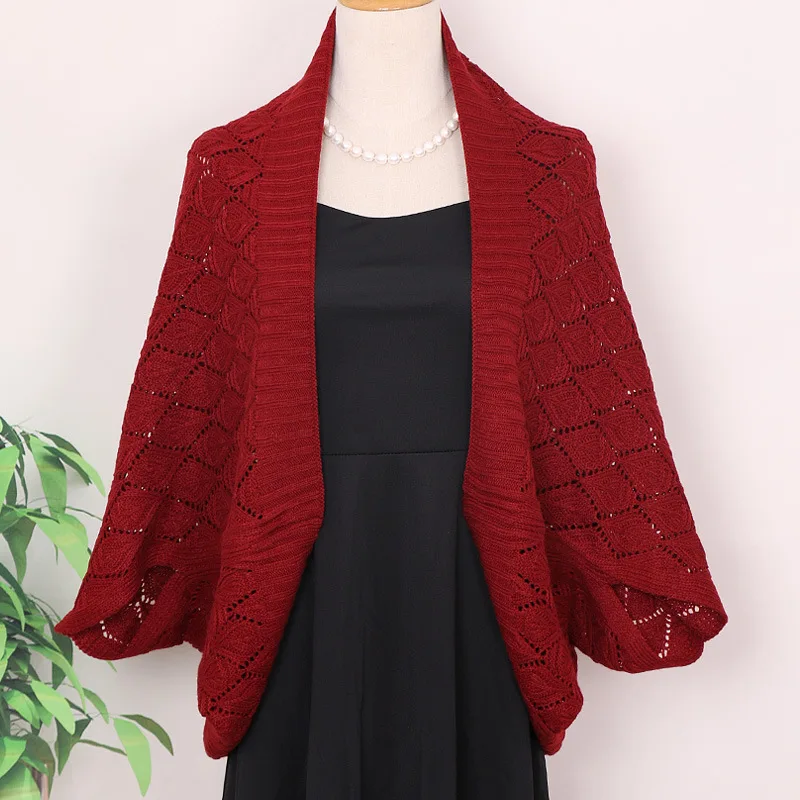 Chinese Style New Knitted Shawl with Acrylic Wool Keep Warm Cardigan Hollow Cloak Multifunctional Wrap Solid Coat