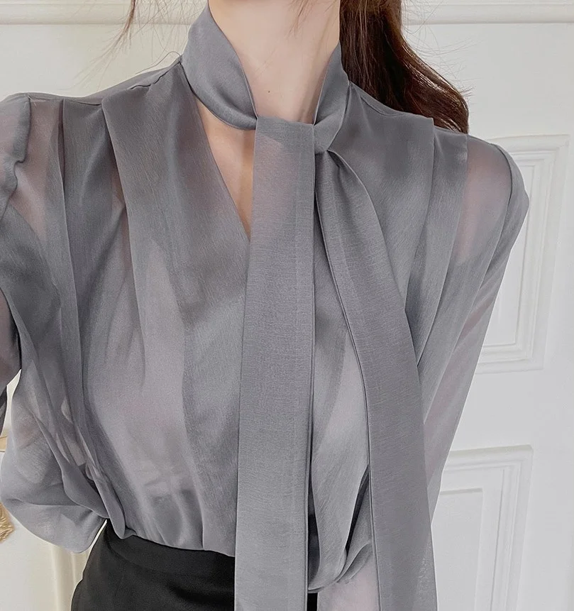 

Осеннее издание East Gate Sa Thin Pearl Luster шифоновая блузка для поездок на работу Long Sve Slim Fit V-Ne Блузка с пуговицами