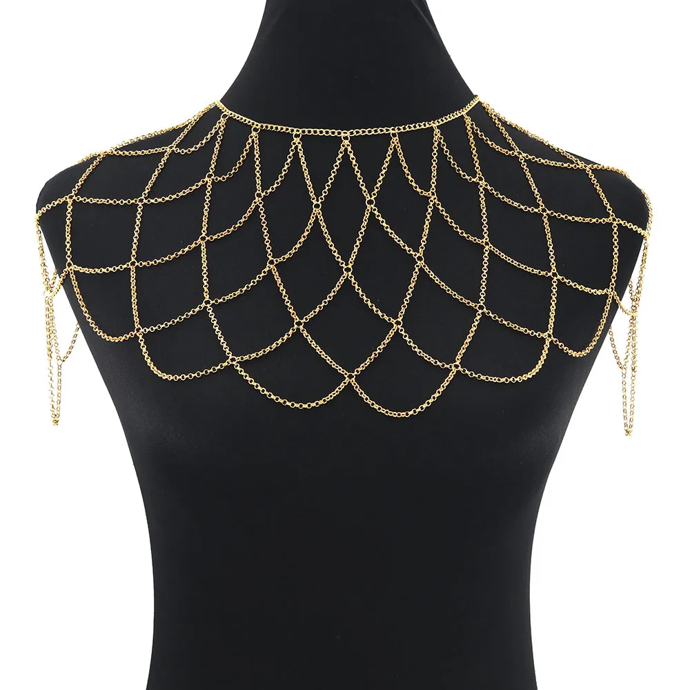 Glimmering Gold Tone Geo Mesh Shoulder Chain Harness Necklace For Women Exquisite Body Armor Shrug Wedding Party Accessories