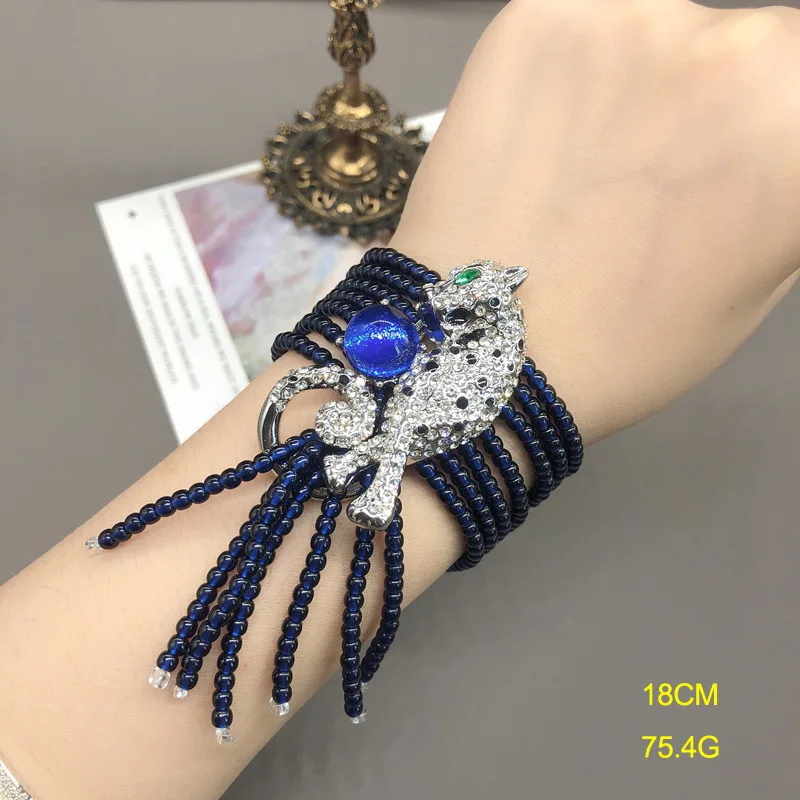 Copper blue glass beads leopard design pavé diamond bracelet multi-layer beaded magnetic buckle tassel bracelet