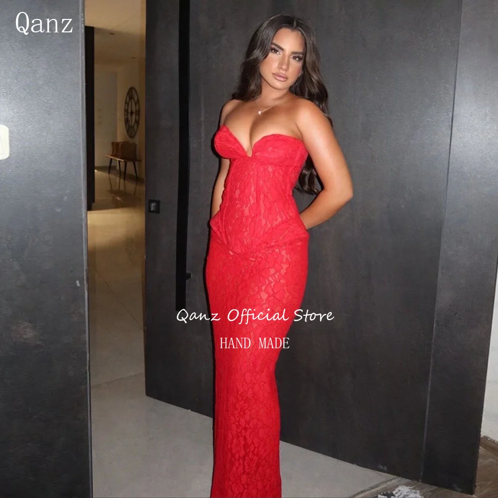 

Qanz Red Lace Appliques Evening Dresses Strapless Mermaid Sexy Slit Corset Robes De Soirée Dormal Dresses Woman Customized